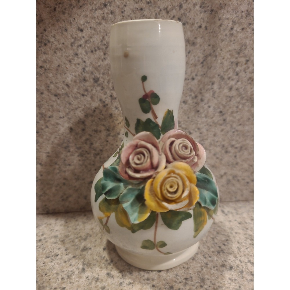 Bud Vase 3D Rose applique Flowers ITALY hand painted Fine Porcelain Antique Rare